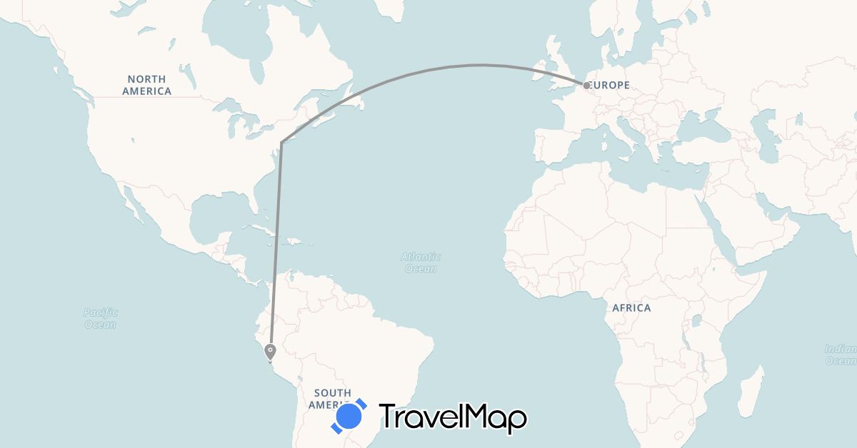 TravelMap itinerary: plane in Belgium, Peru, United States (Europe, North America, South America)